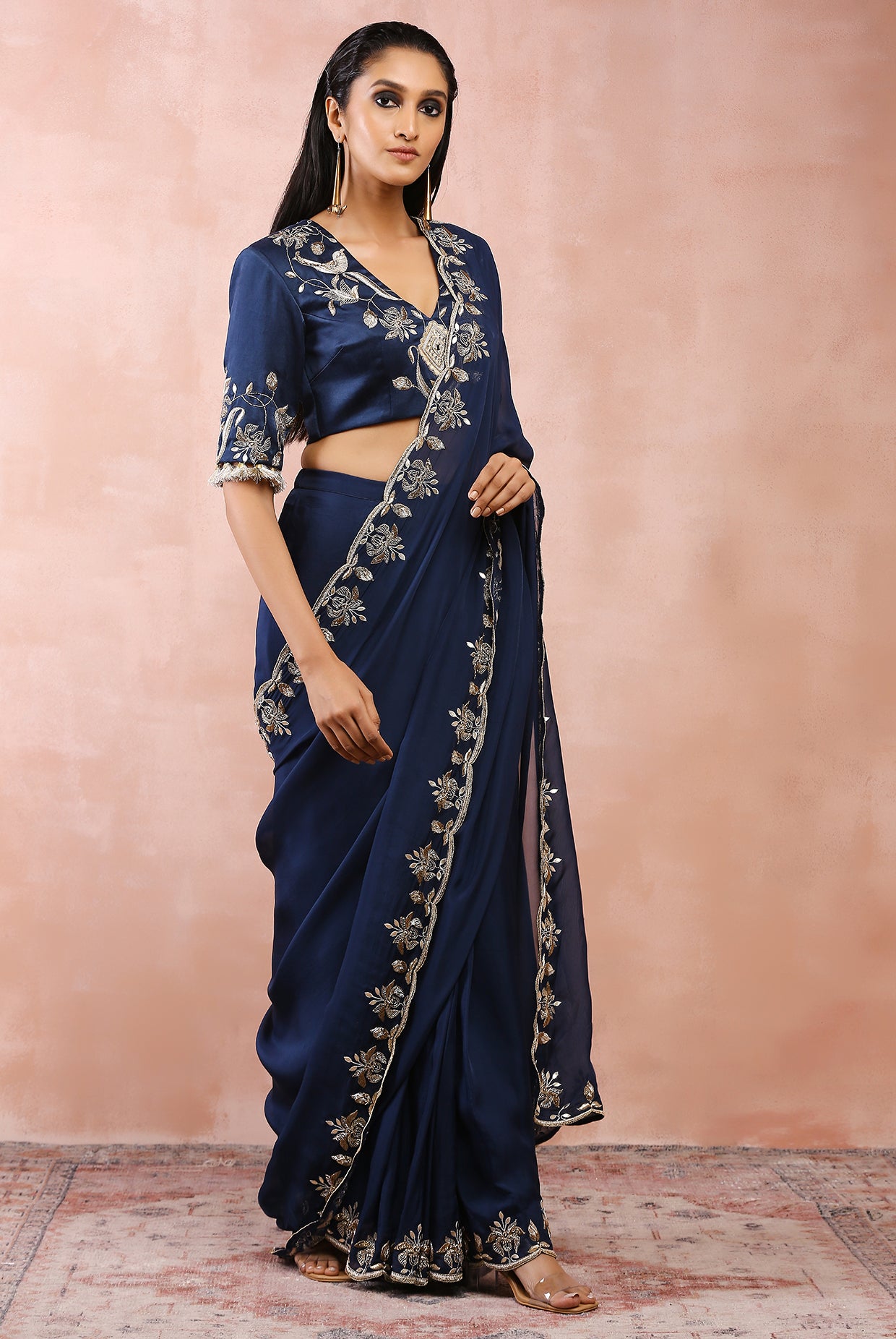 NAVY CHOLI AND PRESTITCHED SAREE