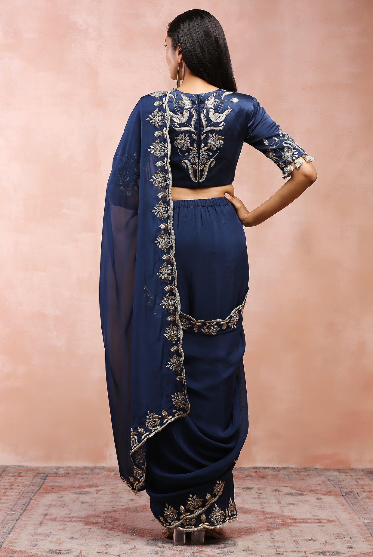 NAVY CHOLI AND PRESTITCHED SAREE