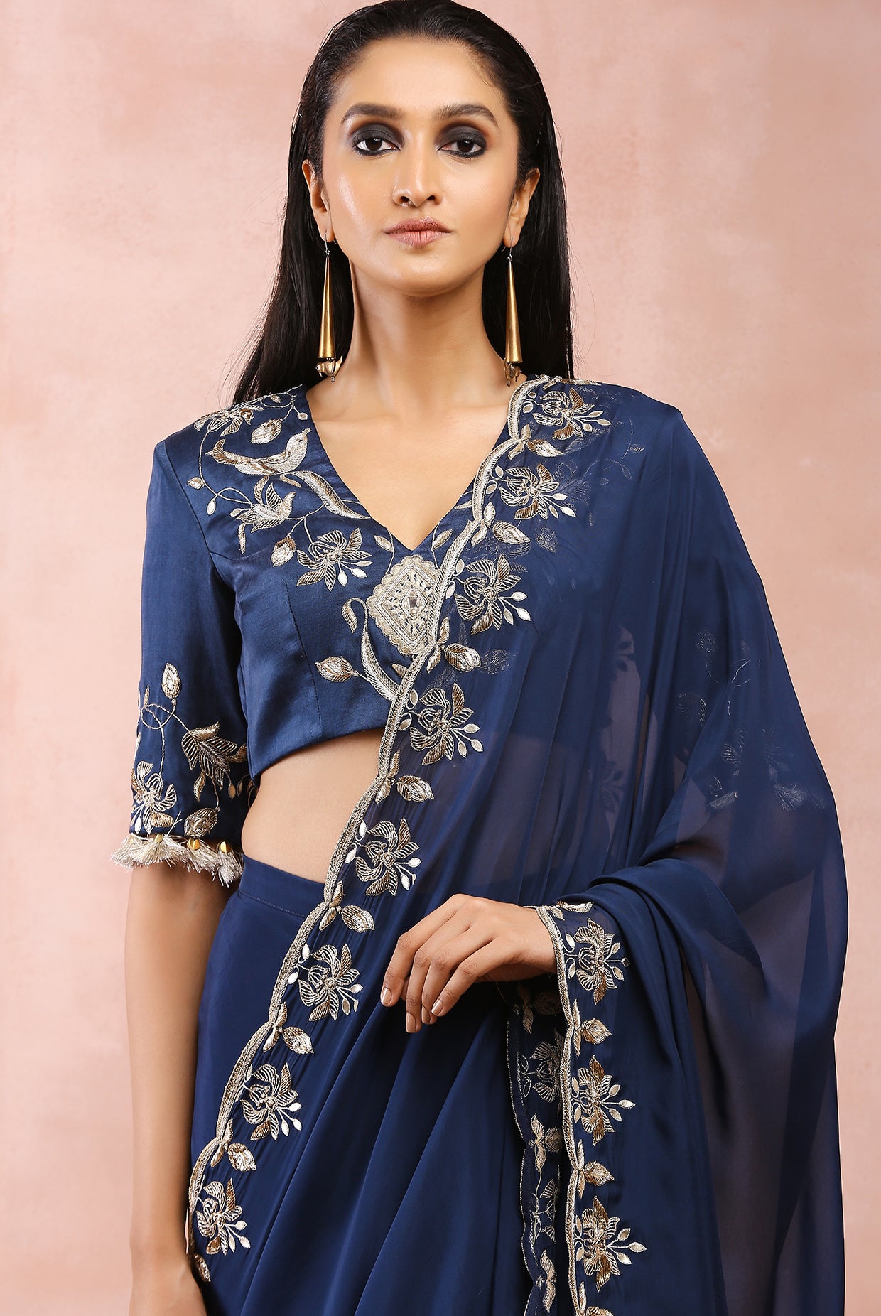 NAVY CHOLI AND PRESTITCHED SAREE