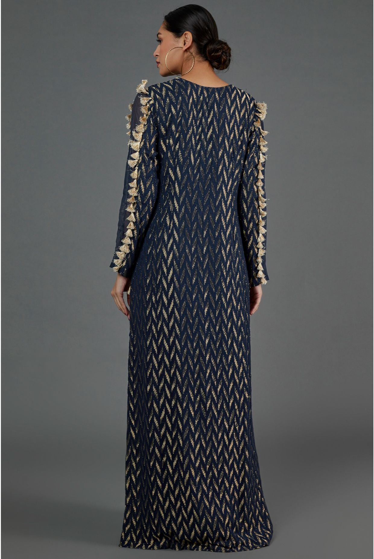 NAVY DASH IKAT BANARASI GEORGETTE EMBROIDERED YOKE KAFTAN WITH ORGANZA DETAILED SLEEVES