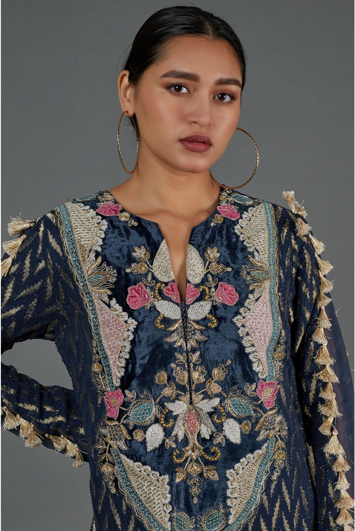 NAVY DASH IKAT BANARASI GEORGETTE EMBROIDERED YOKE KAFTAN WITH ORGANZA DETAILED SLEEVES