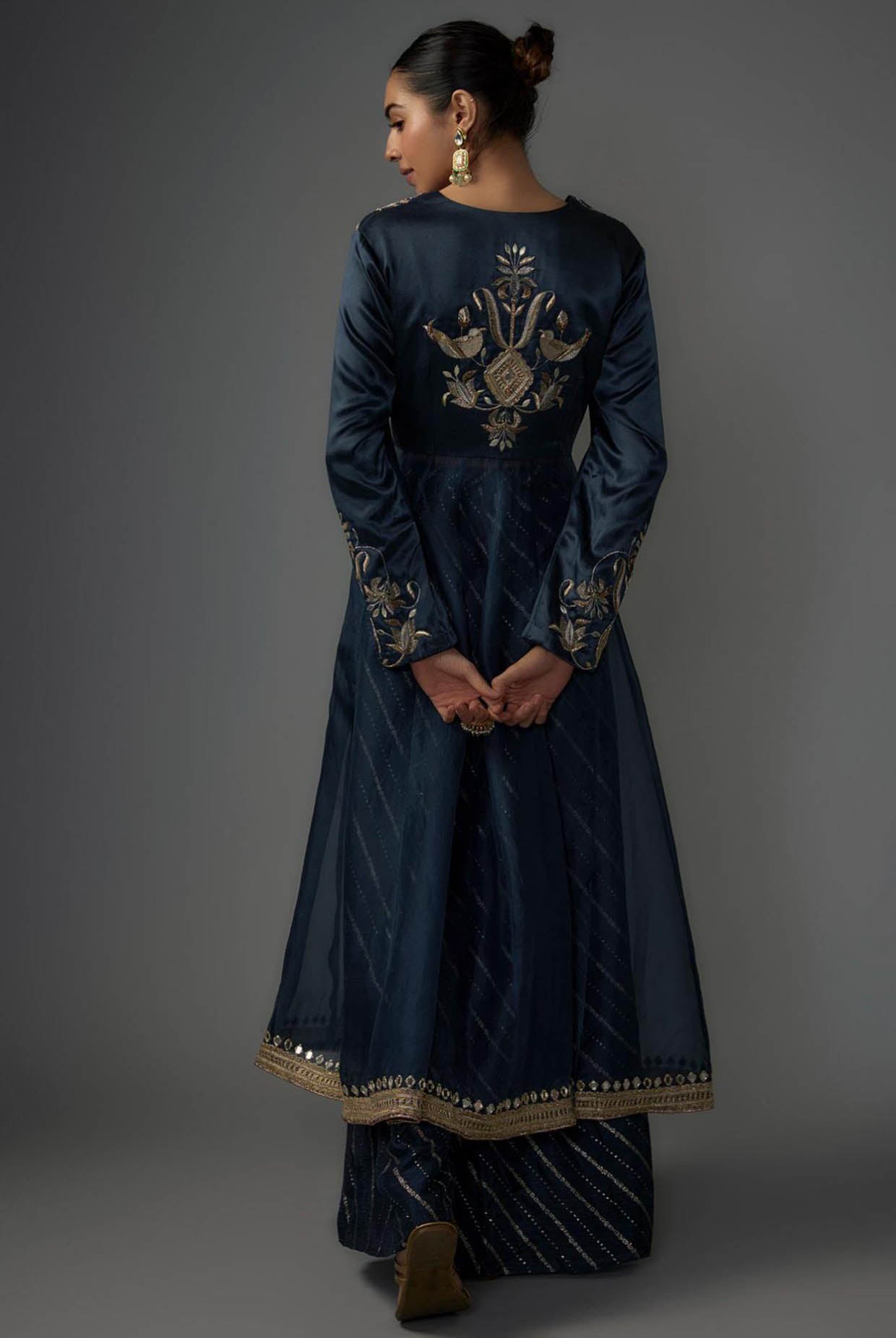 Navy Embroidered Anarkali And Palazzo With Embroidered Dupatta