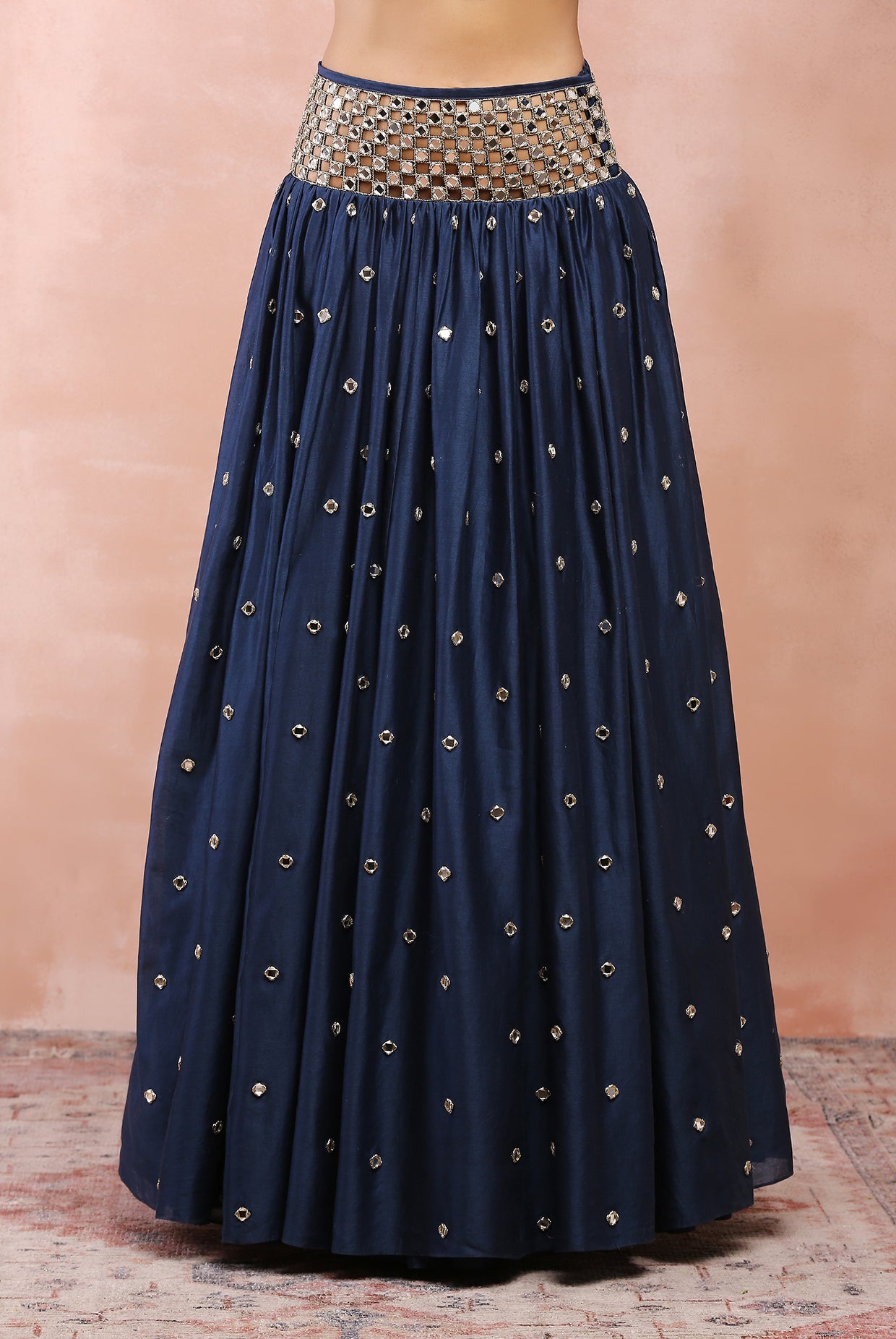 NAVY EMBROIDERED CHOLI AND CUTWORK BELT LEHENGA WITH DUPATTA