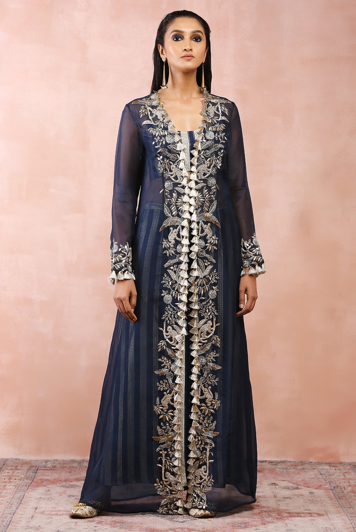 NAVY EMBROIDERED JACKET WITH BUSTIER AND PALLAZO PANT