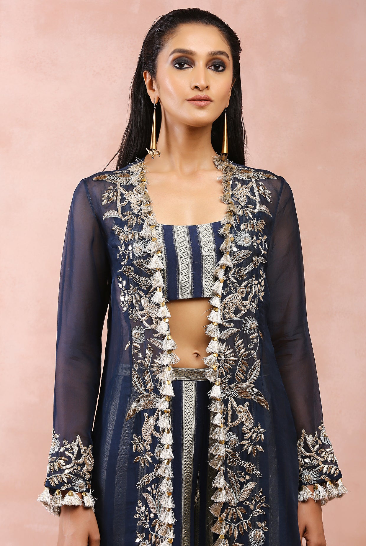 NAVY EMBROIDERED JACKET WITH BUSTIER AND PALLAZO PANT