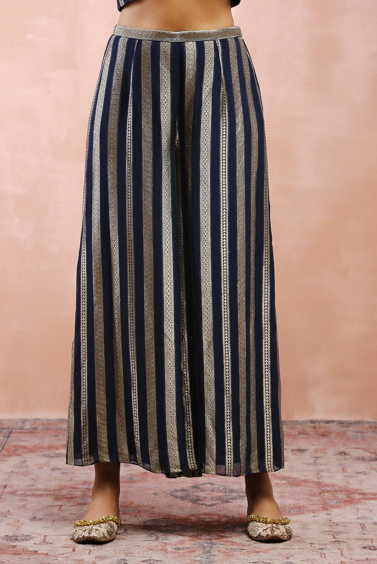 NAVY EMBROIDERED JACKET WITH BUSTIER AND PALLAZO PANT