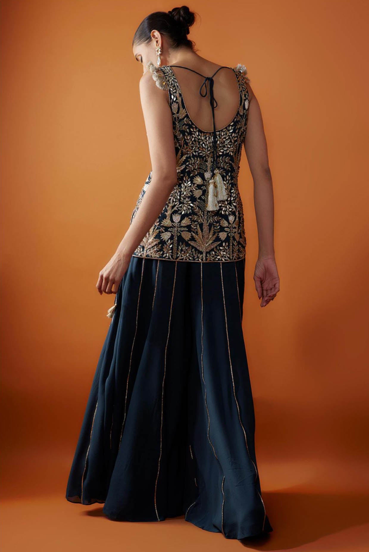 Navy Embroidered Kurta And Sharara With Dupatta