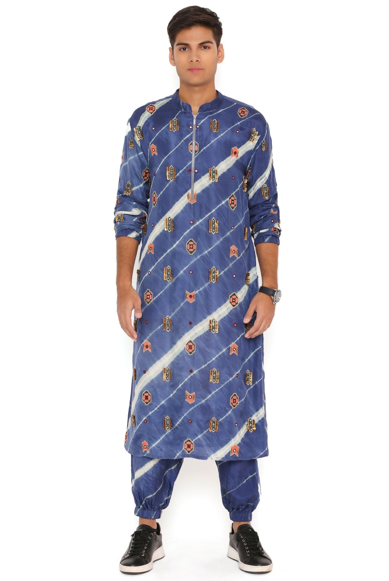 NAVY LEHRIYA BANDHANI SILK EMBROIDERED BOMBER KURTA AND JOGGER PANT