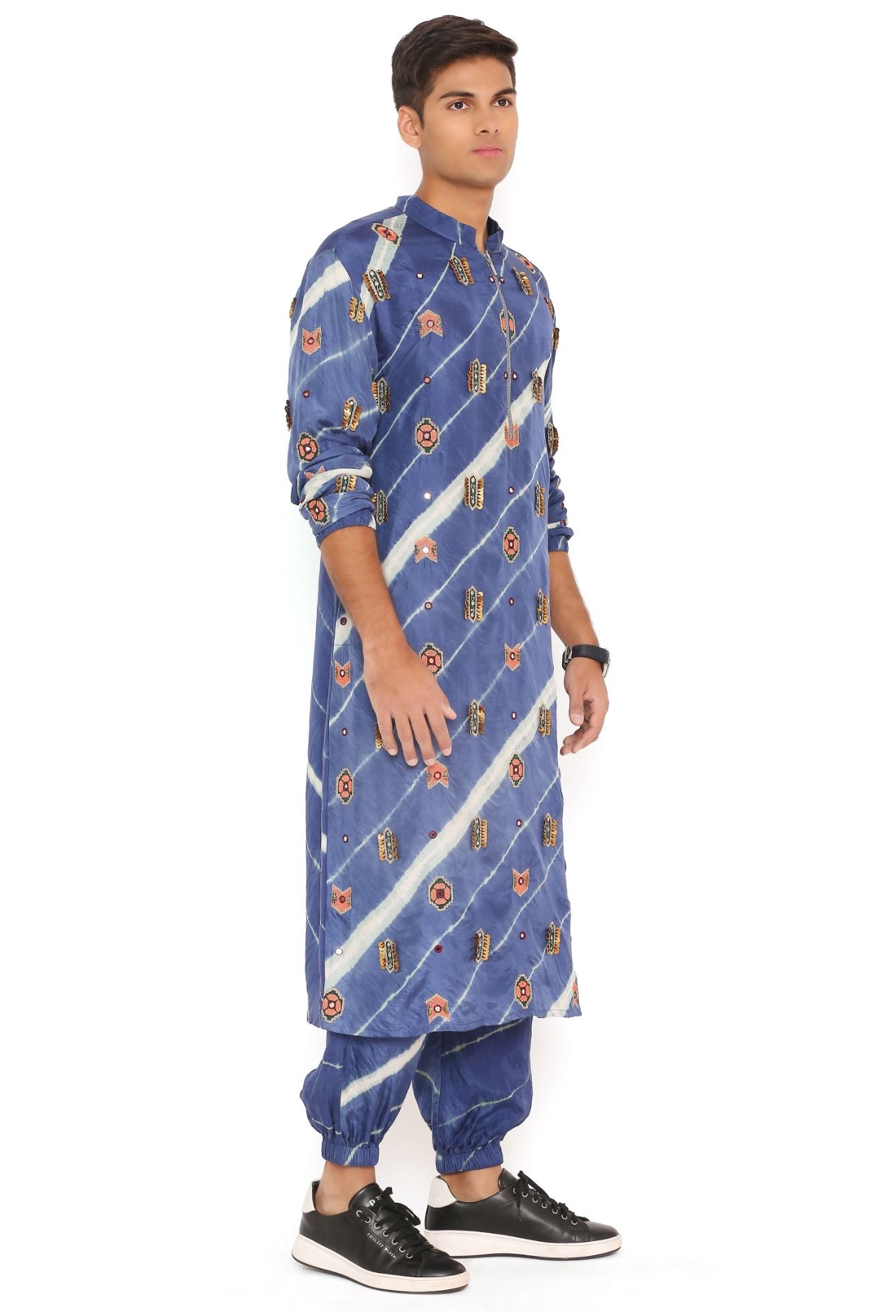 NAVY LEHRIYA BANDHANI SILK EMBROIDERED BOMBER KURTA AND JOGGER PANT
