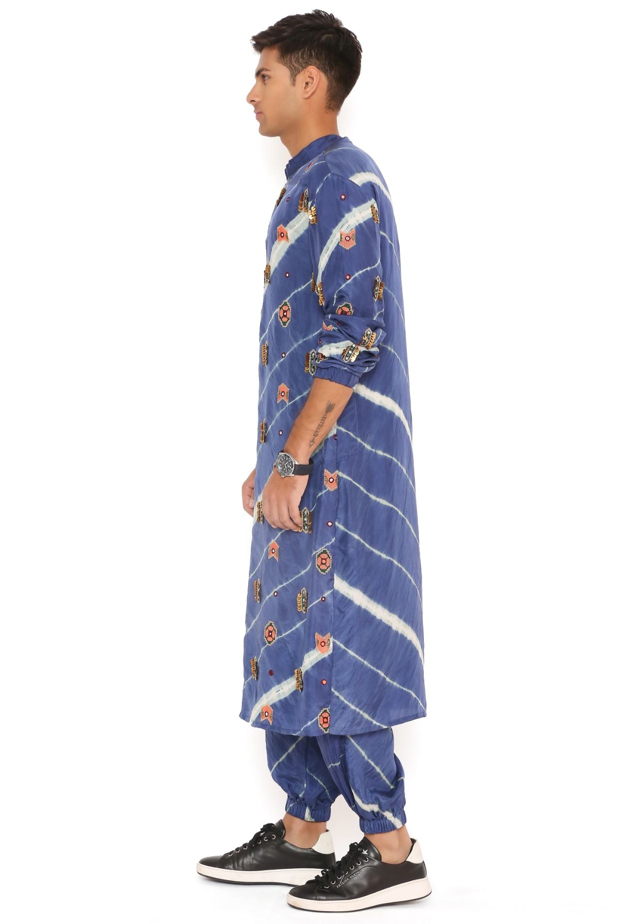 NAVY LEHRIYA BANDHANI SILK EMBROIDERED BOMBER KURTA AND JOGGER PANT