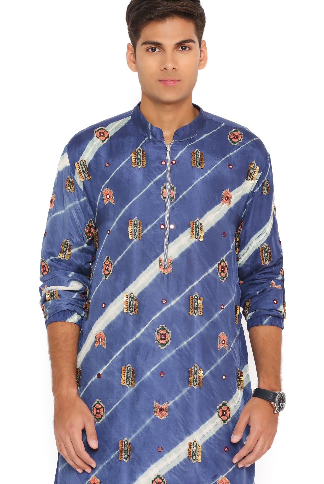 NAVY LEHRIYA BANDHANI SILK EMBROIDERED BOMBER KURTA AND JOGGER PANT