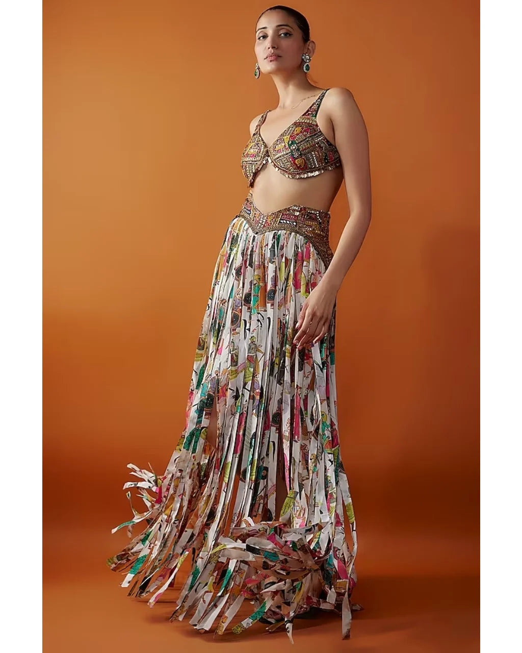 Ivory Crepe Printed Fringe Skirt Set