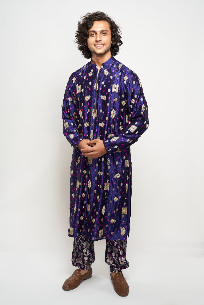 NEMAR COBALT BLUE COLOUR BANDHANI SILK EMBROIDERED KURTA AND JOGGER PANT