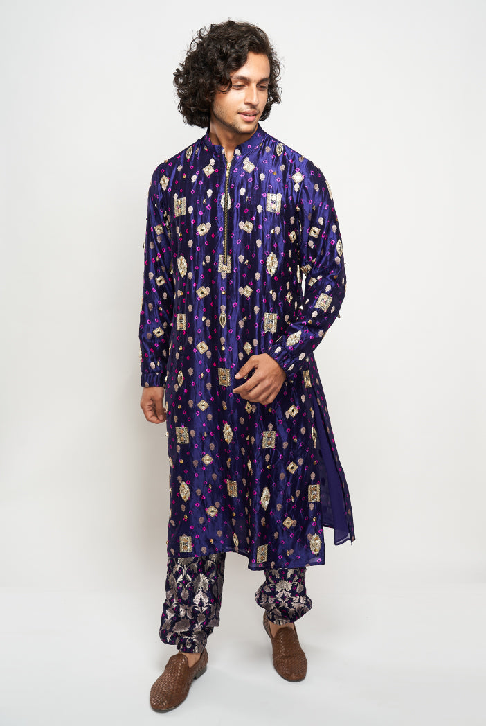 NEMAR COBALT BLUE COLOUR BANDHANI SILK EMBROIDERED KURTA AND JOGGER PANT