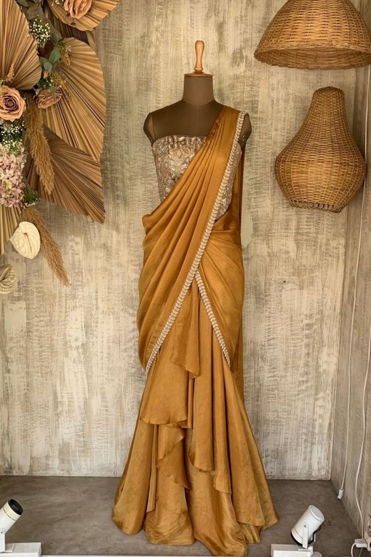 GOLDEN TISSUE CASCADE CORSET SAREE - Ready To Ship