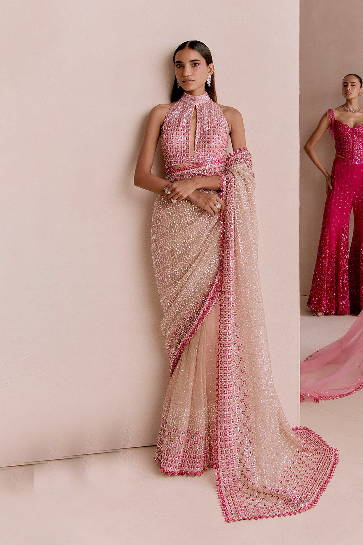Nude and pink sequin saree