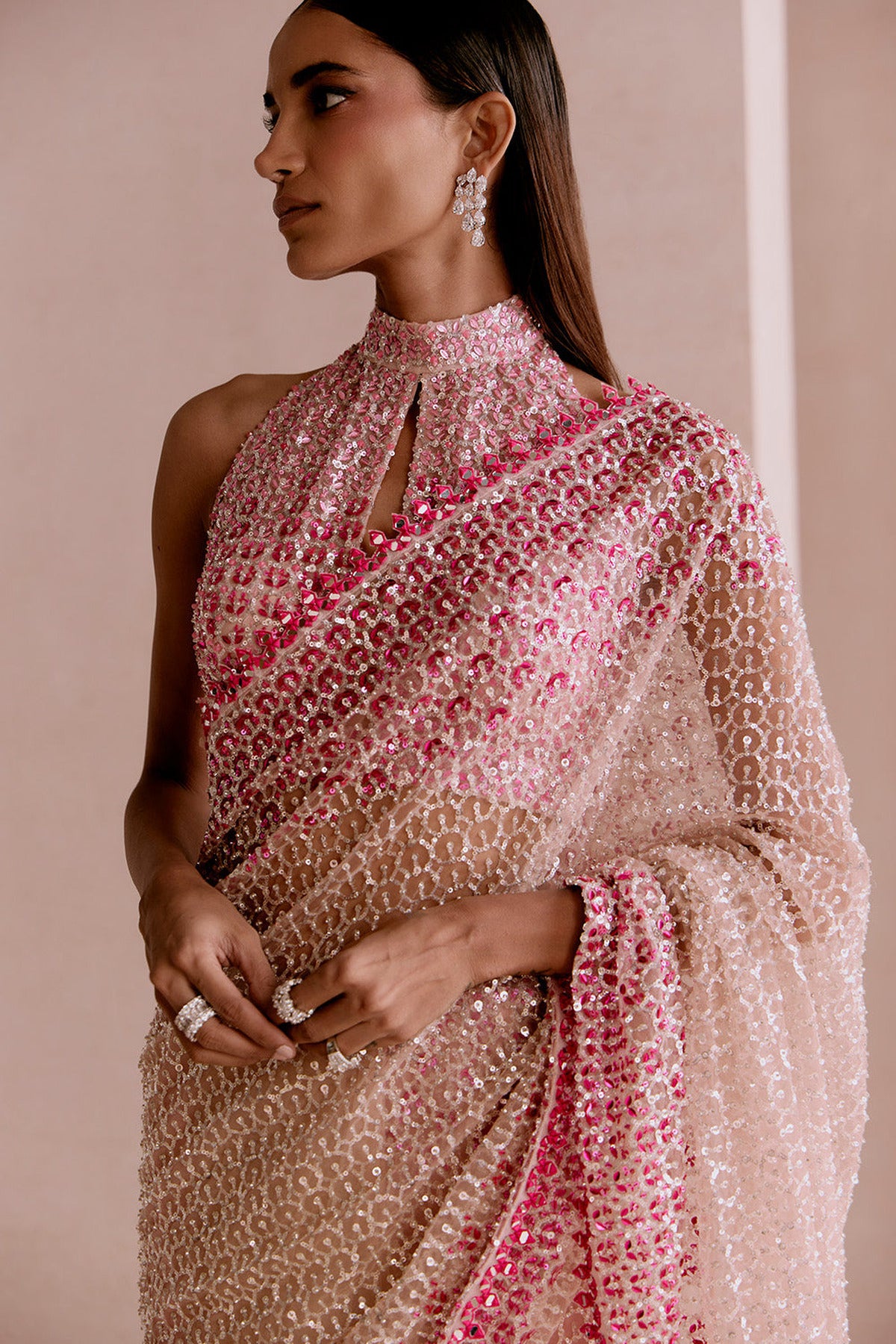 Nude and pink sequin saree