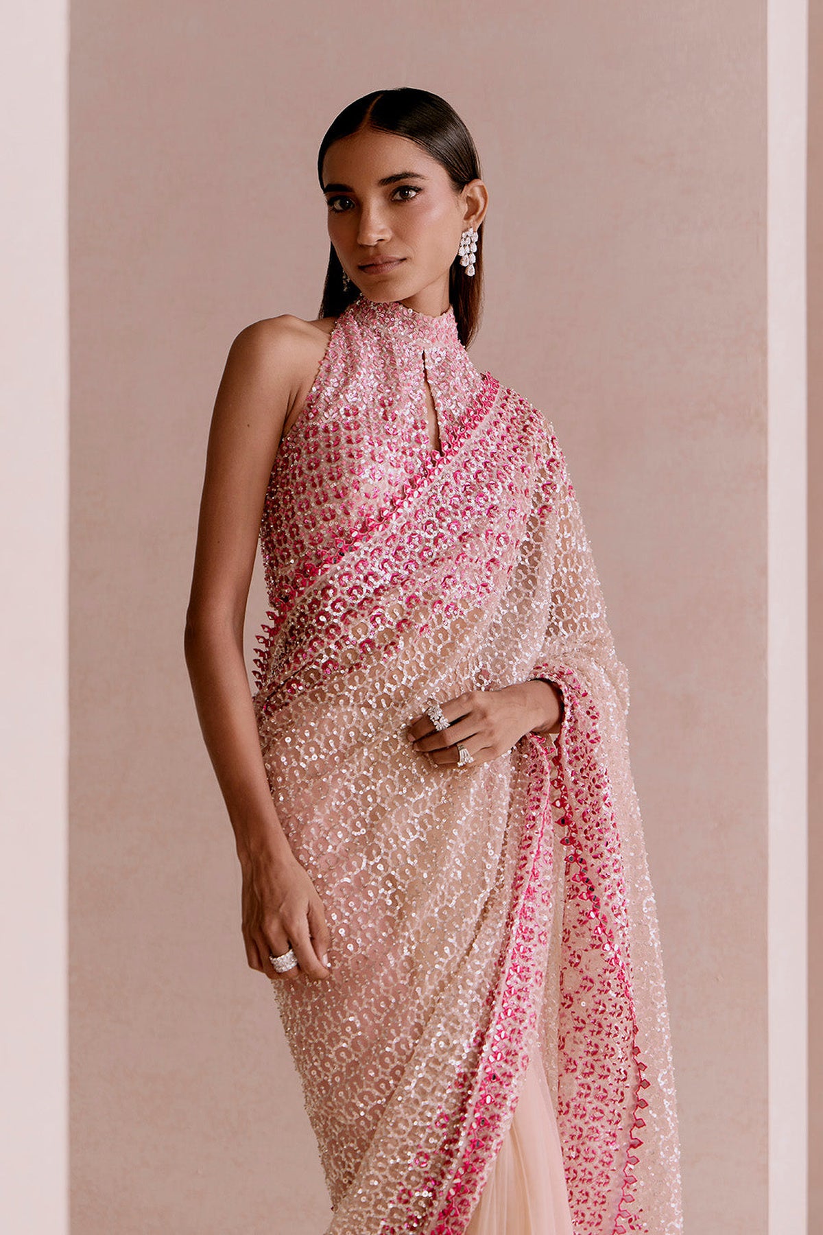Nude and pink sequin saree