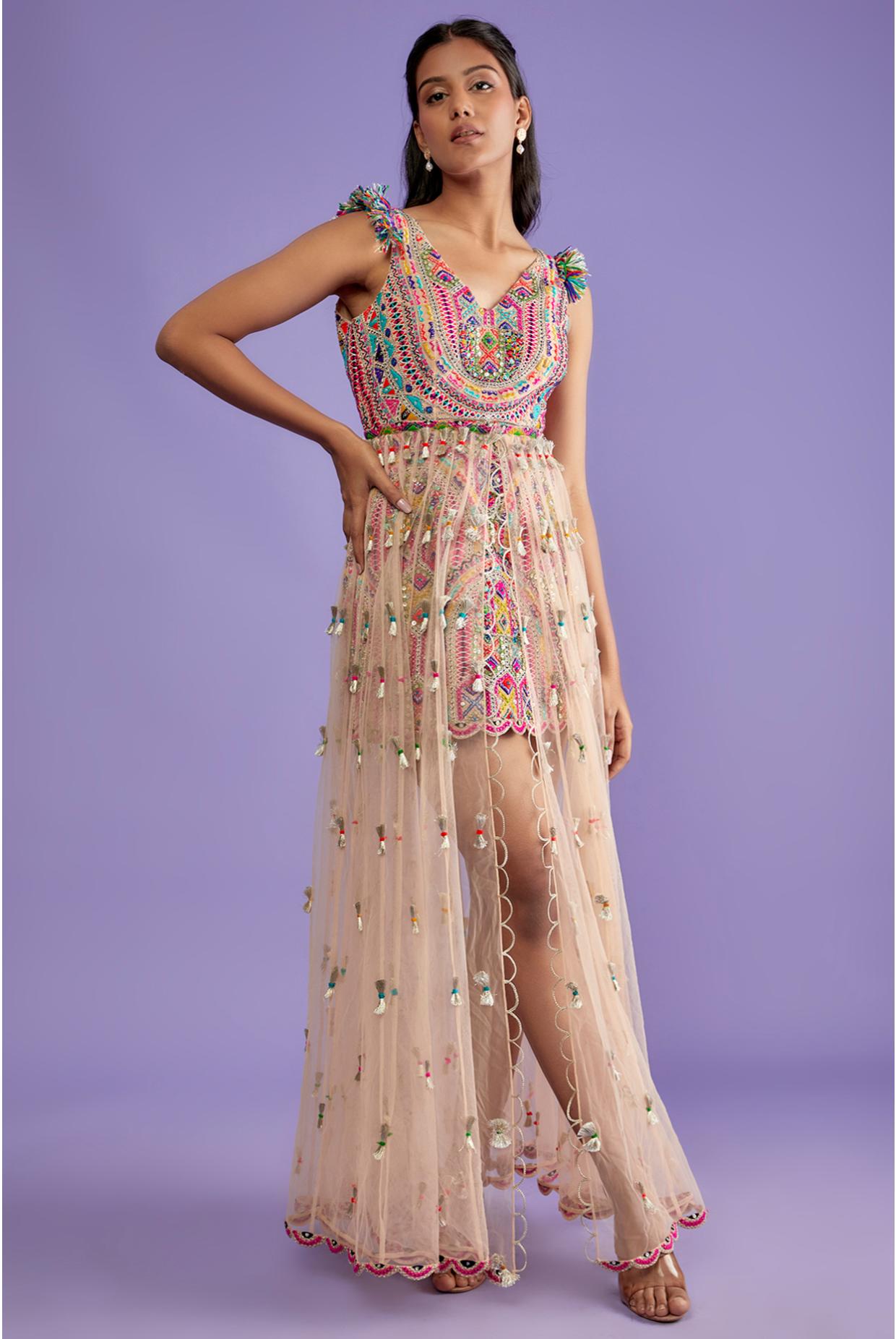 Nude Embroidered Dress With Overlay Tulle Skirt