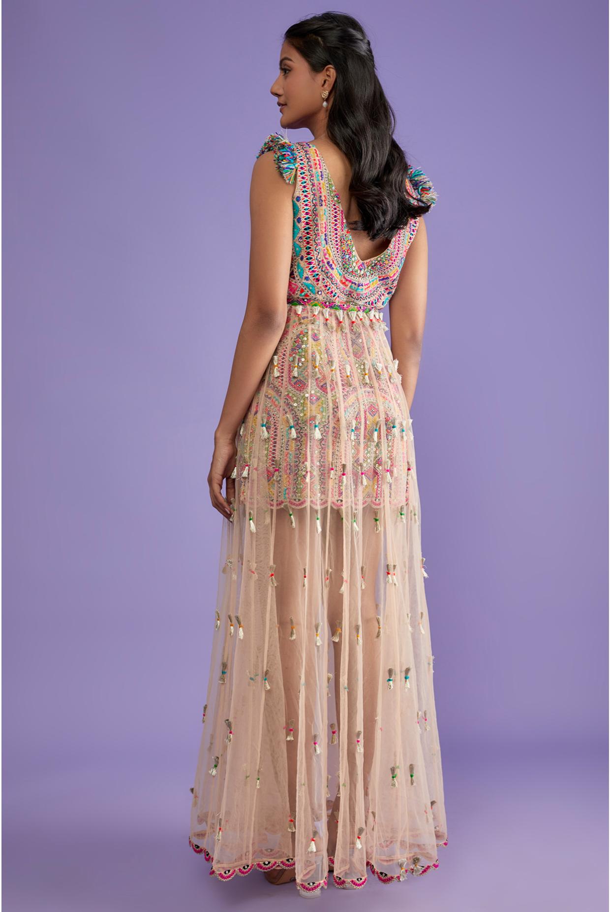 Nude Embroidered Dress With Overlay Tulle Skirt