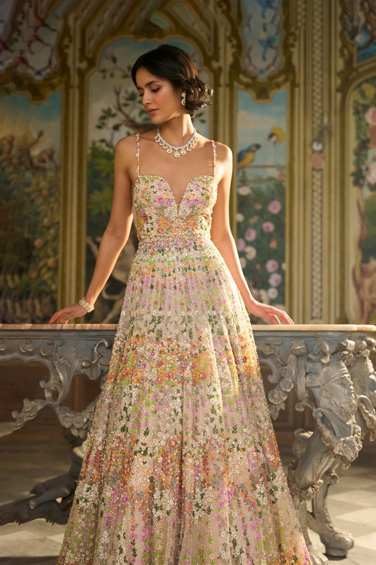 Nude Multi-Coloured Floral Gown