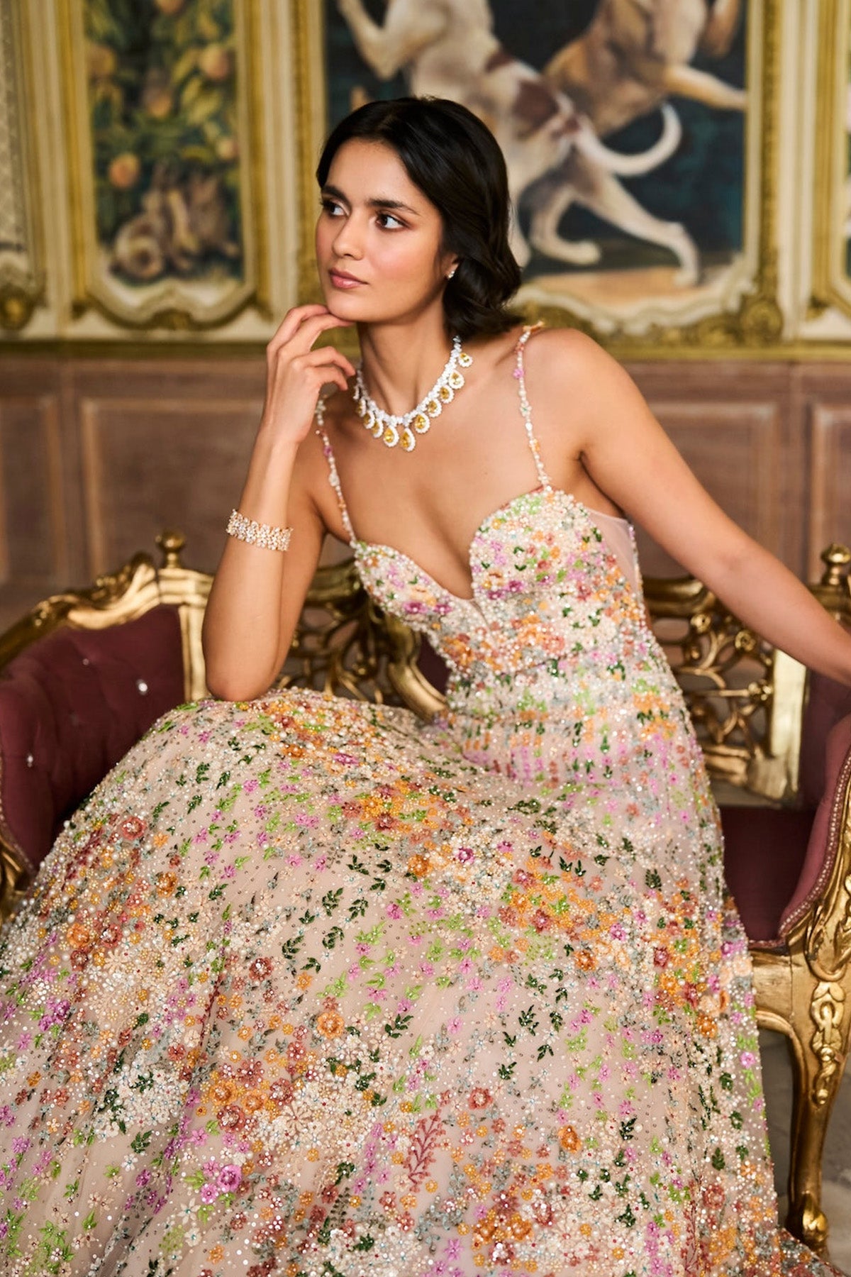 Nude Multi-Coloured Floral Gown