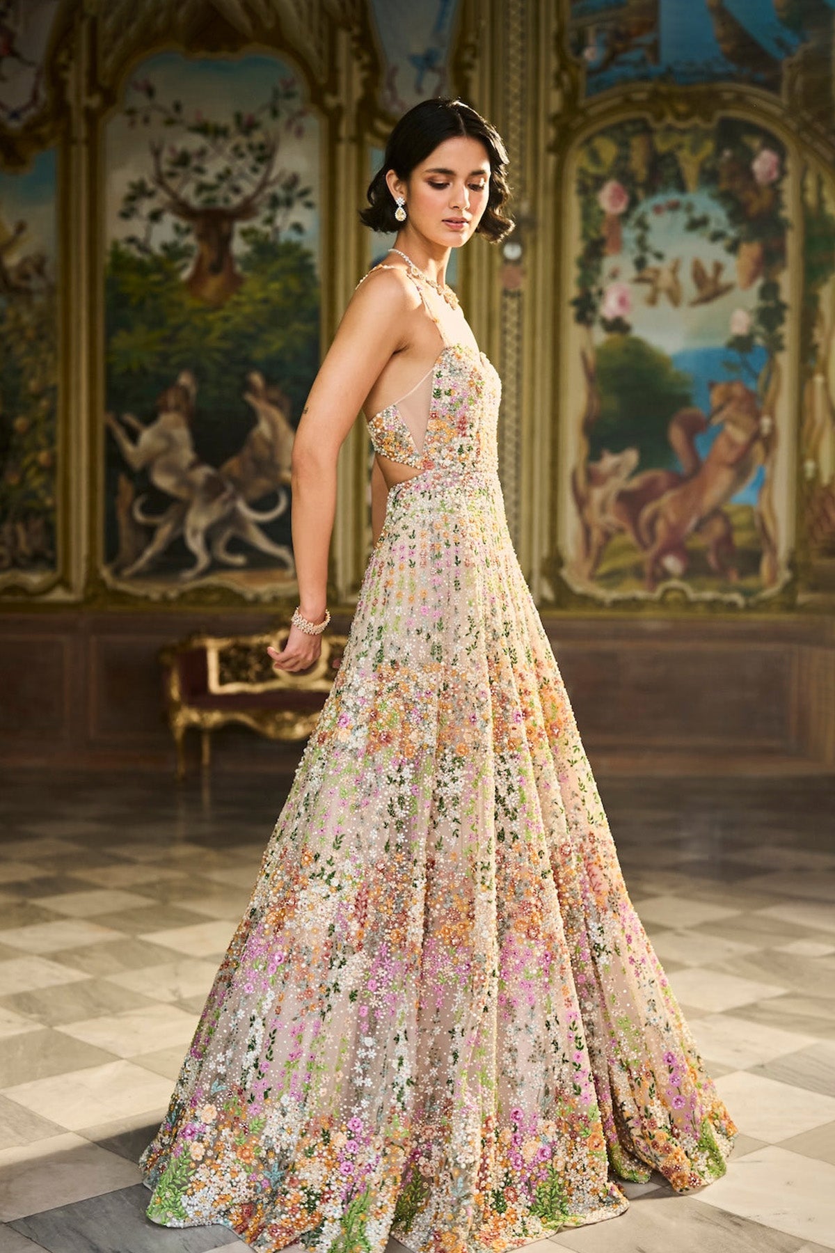 Nude Multi-Coloured Floral Gown