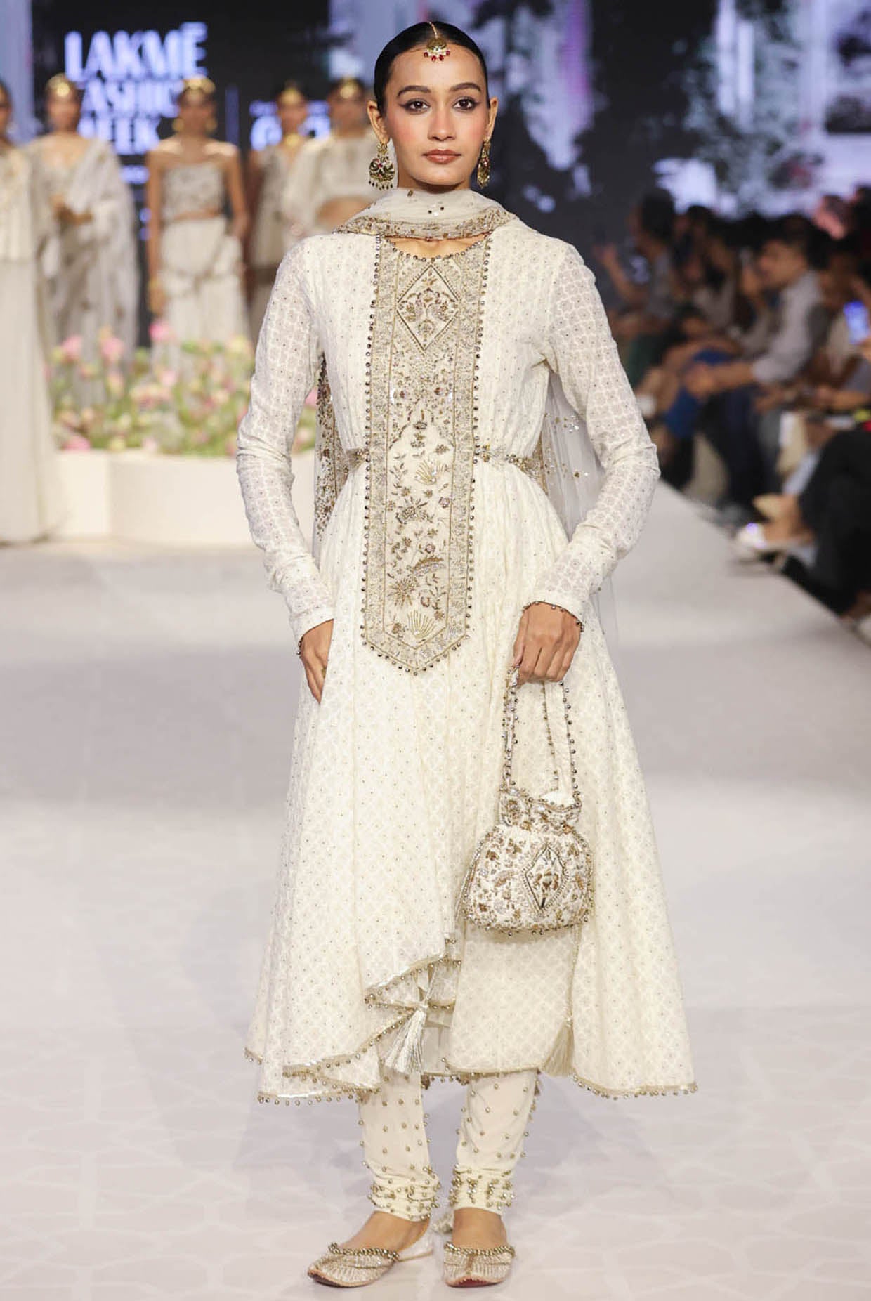 Nusrat Off White Embroidered Yoke Anarkali And Churidar With Dupatta
