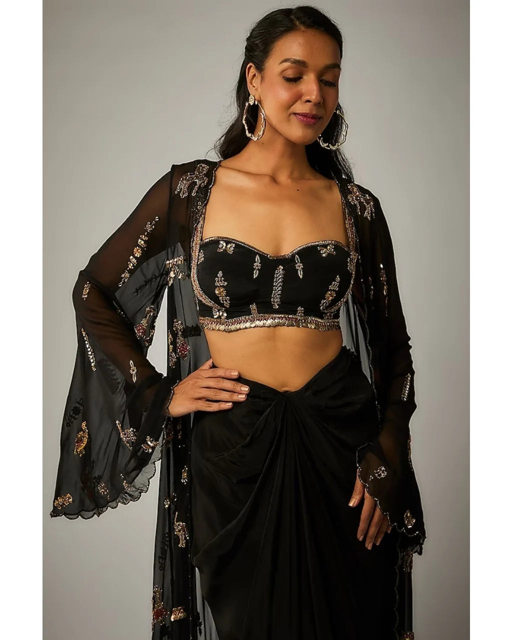 Black Drape Skirt And Embroidered Cape Set
