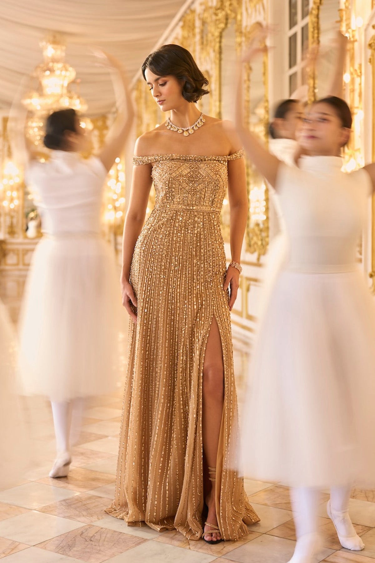 Off Shoulder Gold Gown