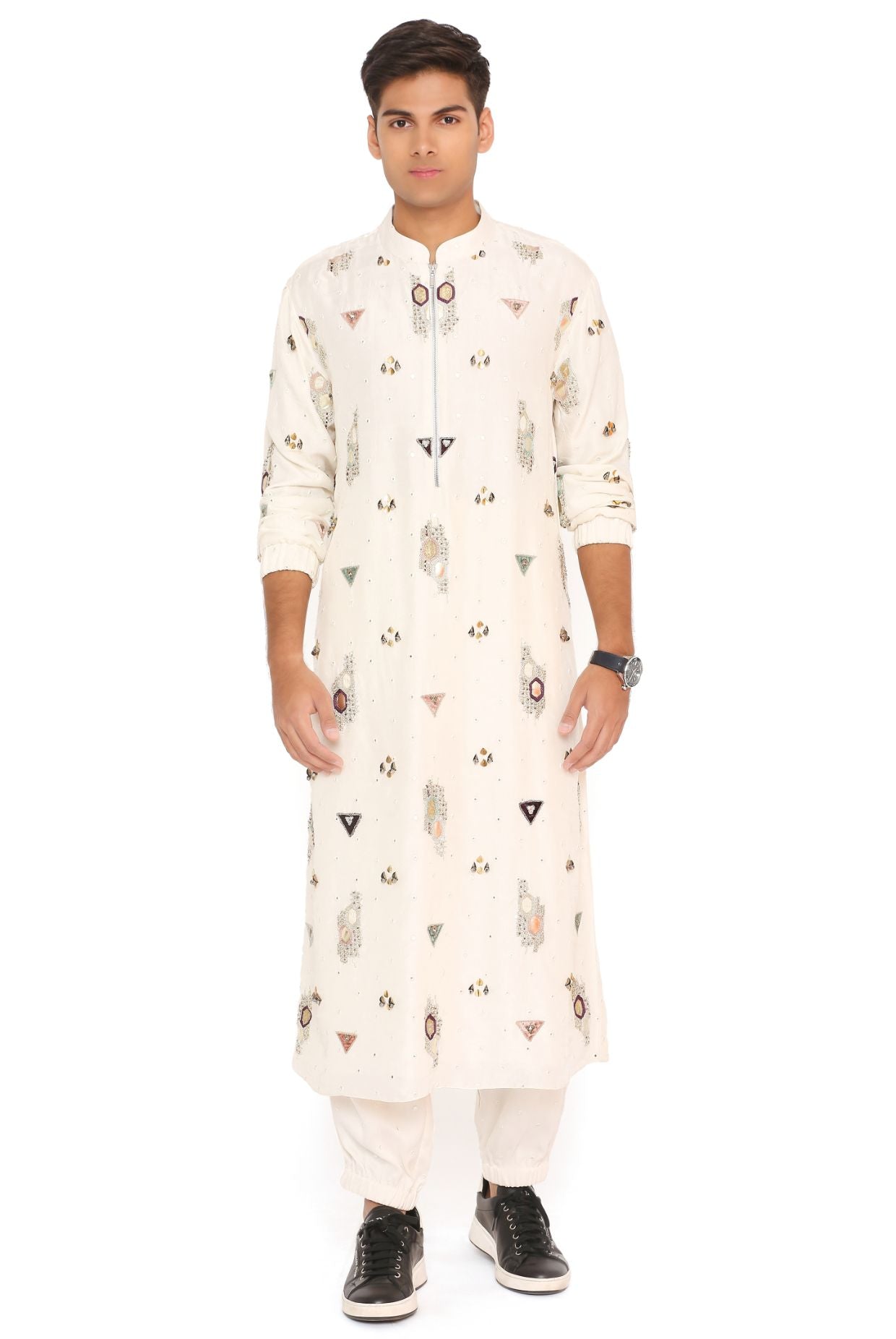OFF WHITE ABLA SILK EMBROIDERED BOMBER KURTA WITH JOGGER PANT