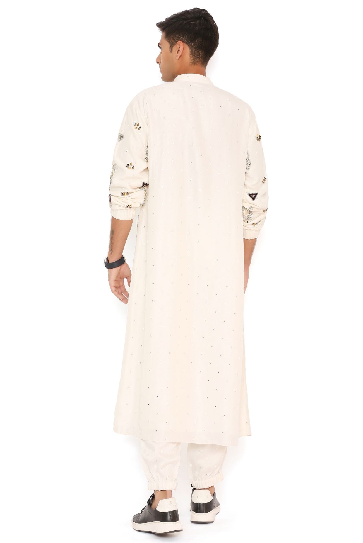 OFF WHITE ABLA SILK EMBROIDERED BOMBER KURTA WITH JOGGER PANT