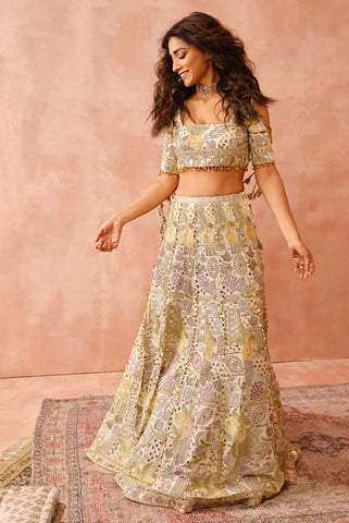 OFF WHITE TULIP GARDEN EMBROIDERY CHOLI WITH SHARARA