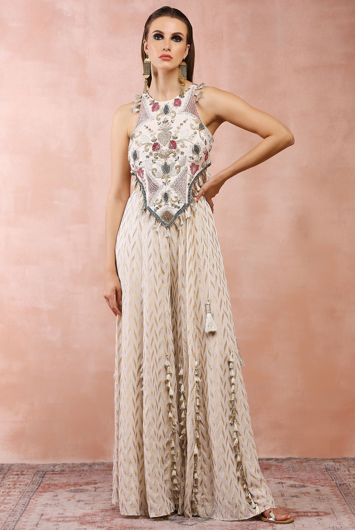 OFF WHITE APPLIQUE EMBROIDERED CHOLI WITH SHARARA