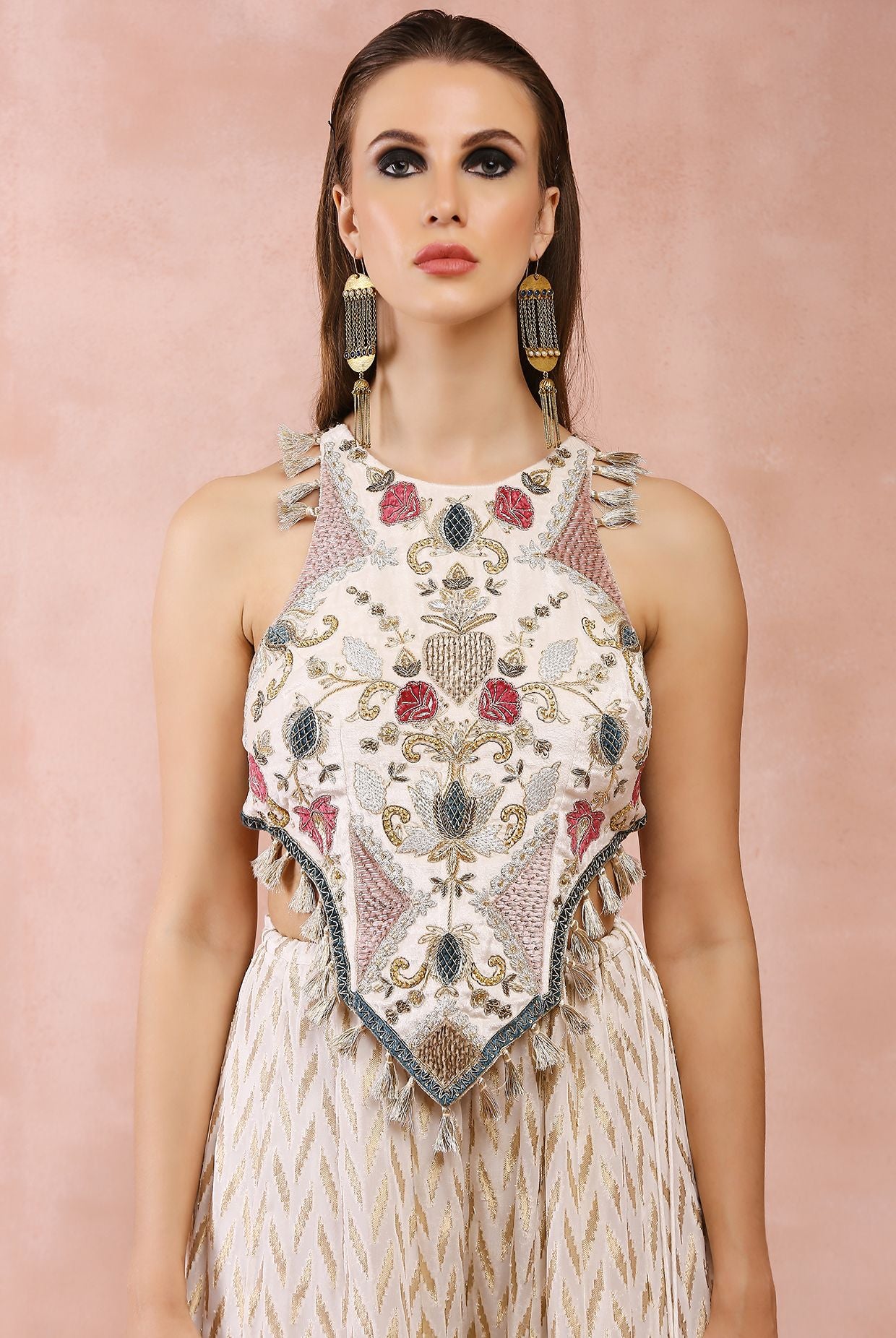 OFF WHITE APPLIQUE EMBROIDERED CHOLI WITH SHARARA