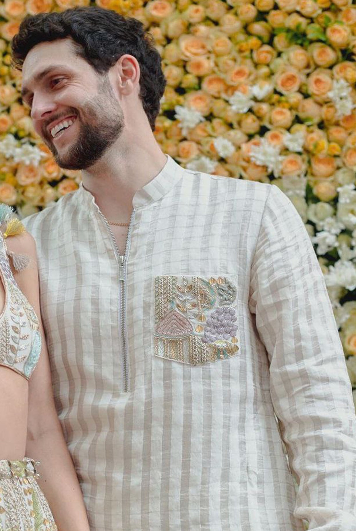 OFF WHITE CHANDERI STRIPE BOMBER KURTA WITH EMBROIDERED POCKET AND CHANDERI STRIPE JOGGER PANT