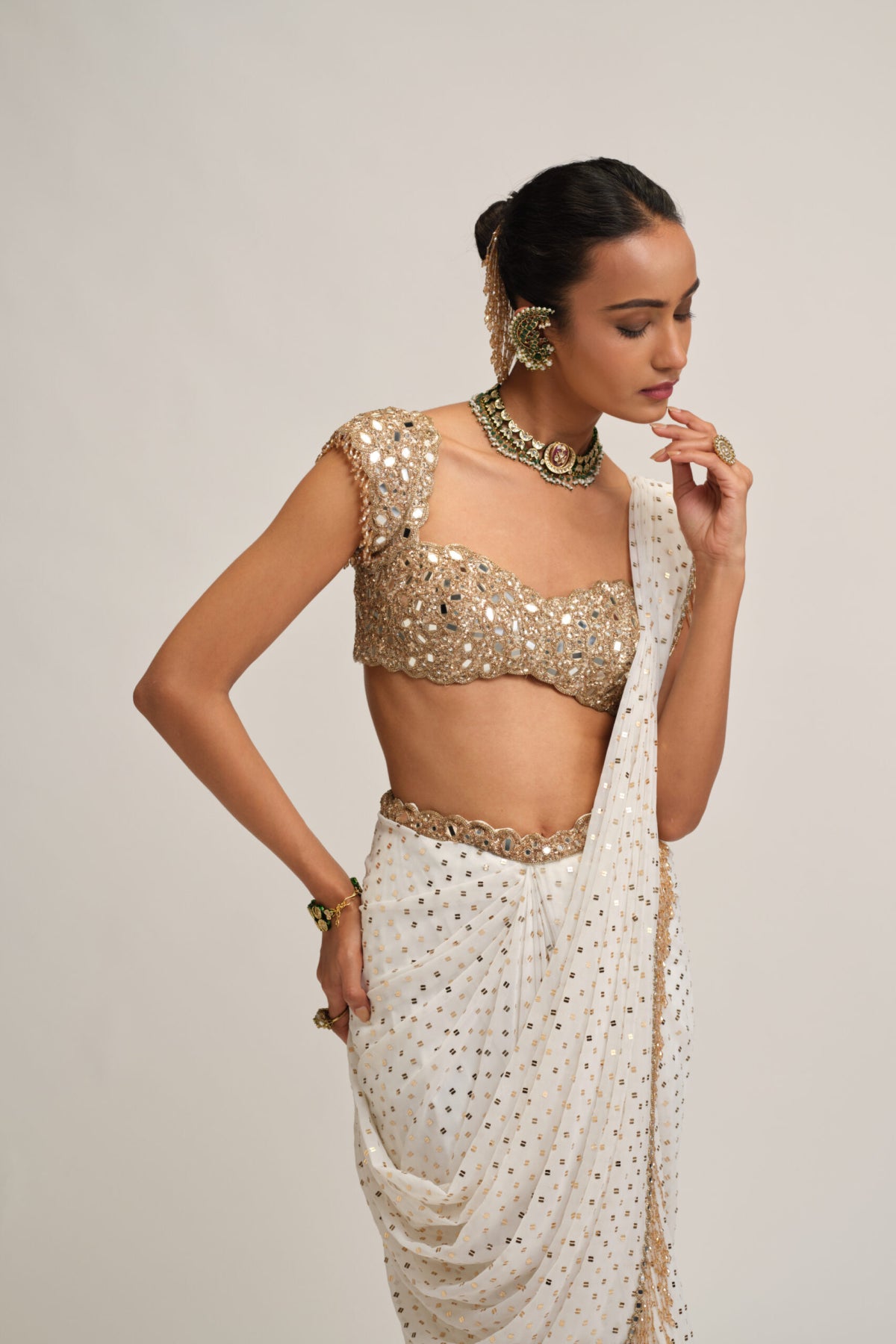 Off White Draped Saree Set