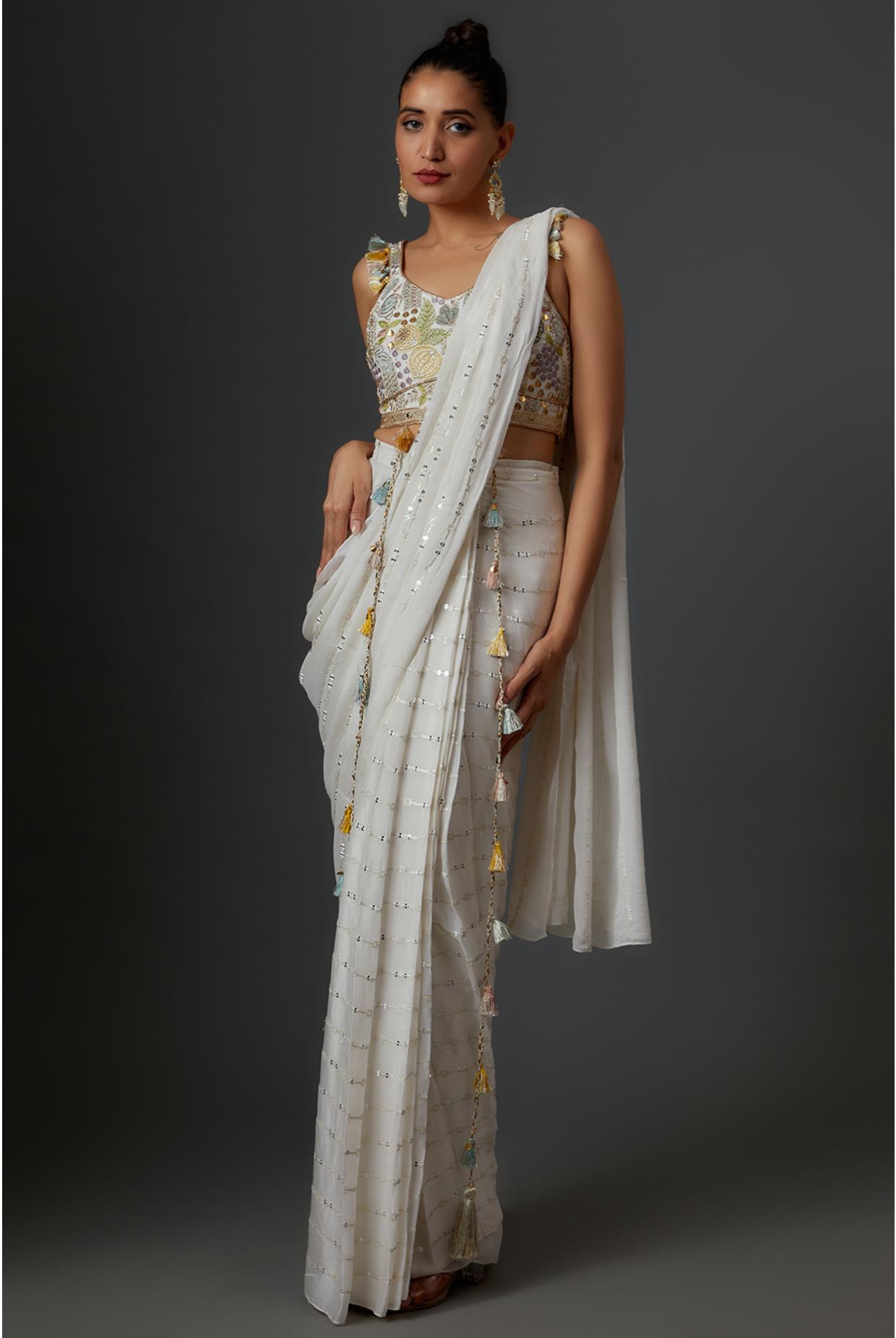 Off White Embroidered Choli With Sequins Saree