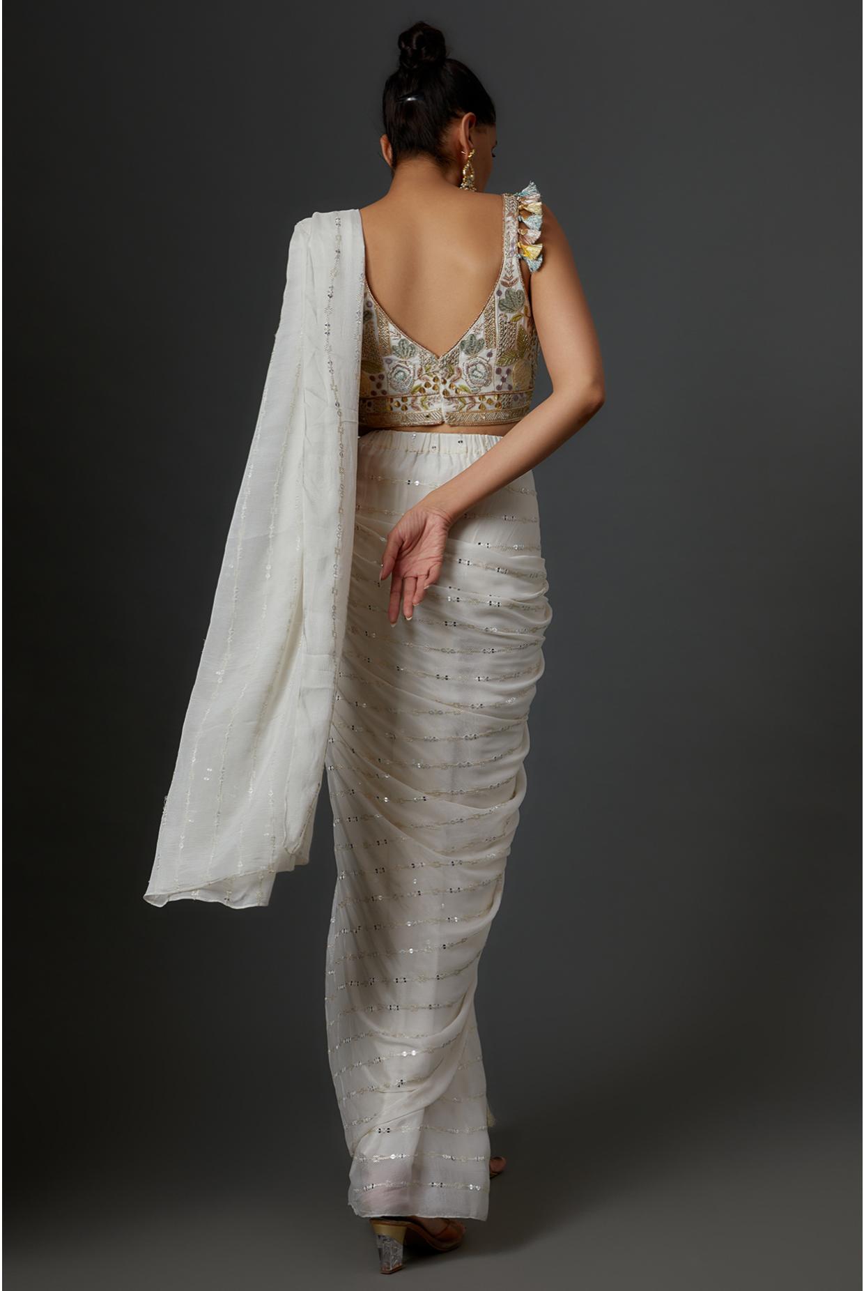Off White Embroidered Choli With Sequins Saree