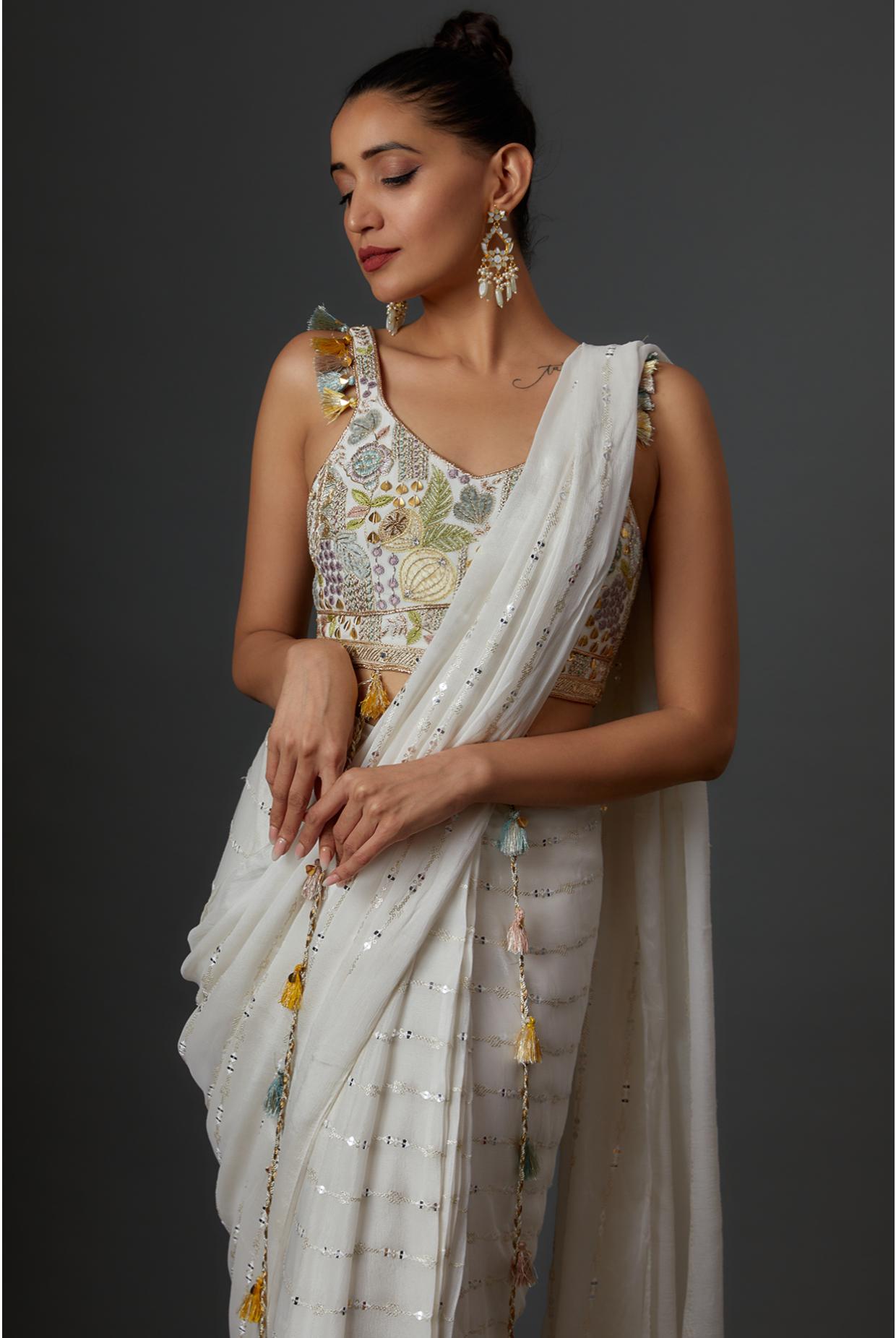 Off White Embroidered Choli With Sequins Saree