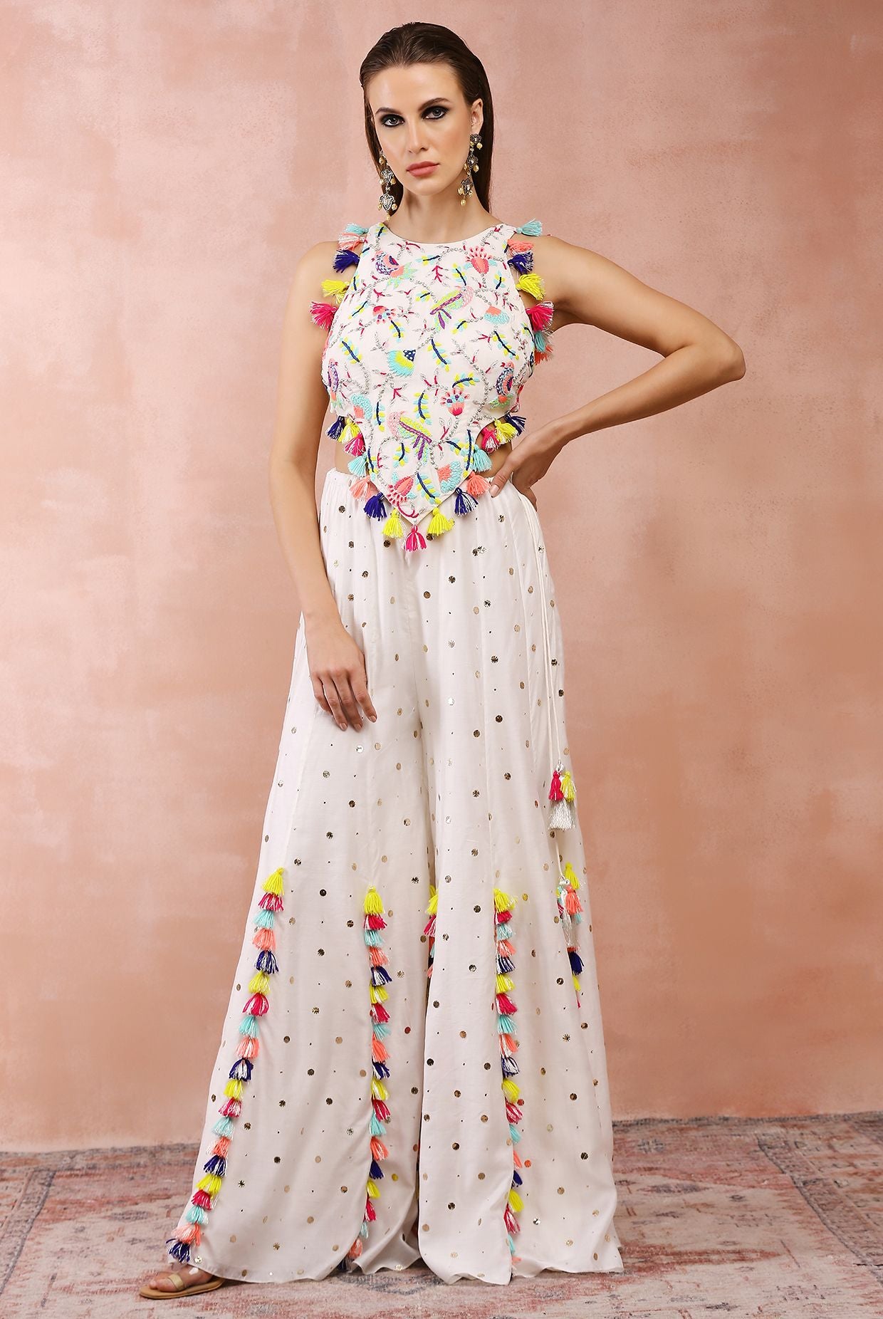 OFF WHITE EMBROIDERED CHOLI WITH SHARARA
