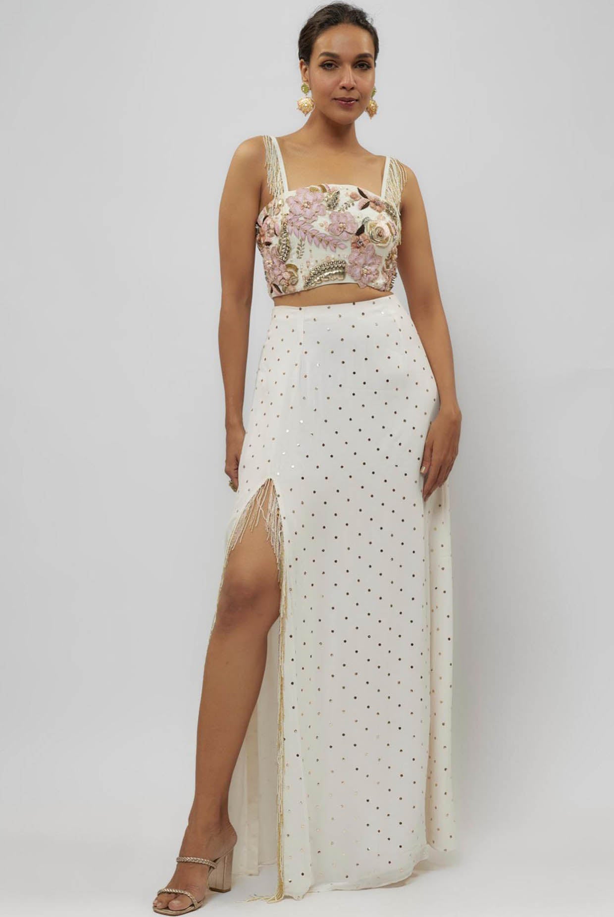 Off White Embroidered Choli With Slit Skirt