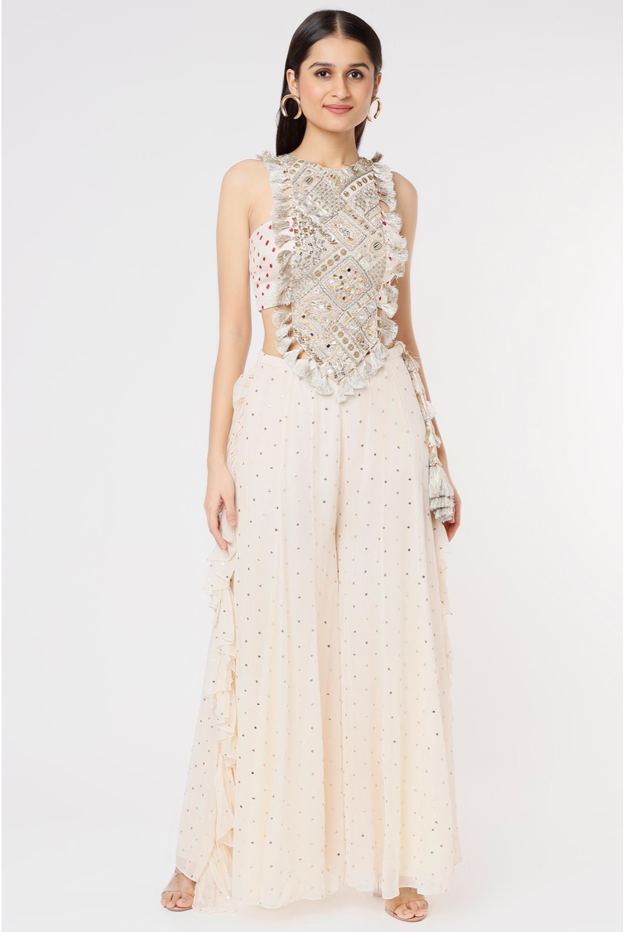 Off White Embroidered Yoke With B&hani Bustier & Frill Sharara