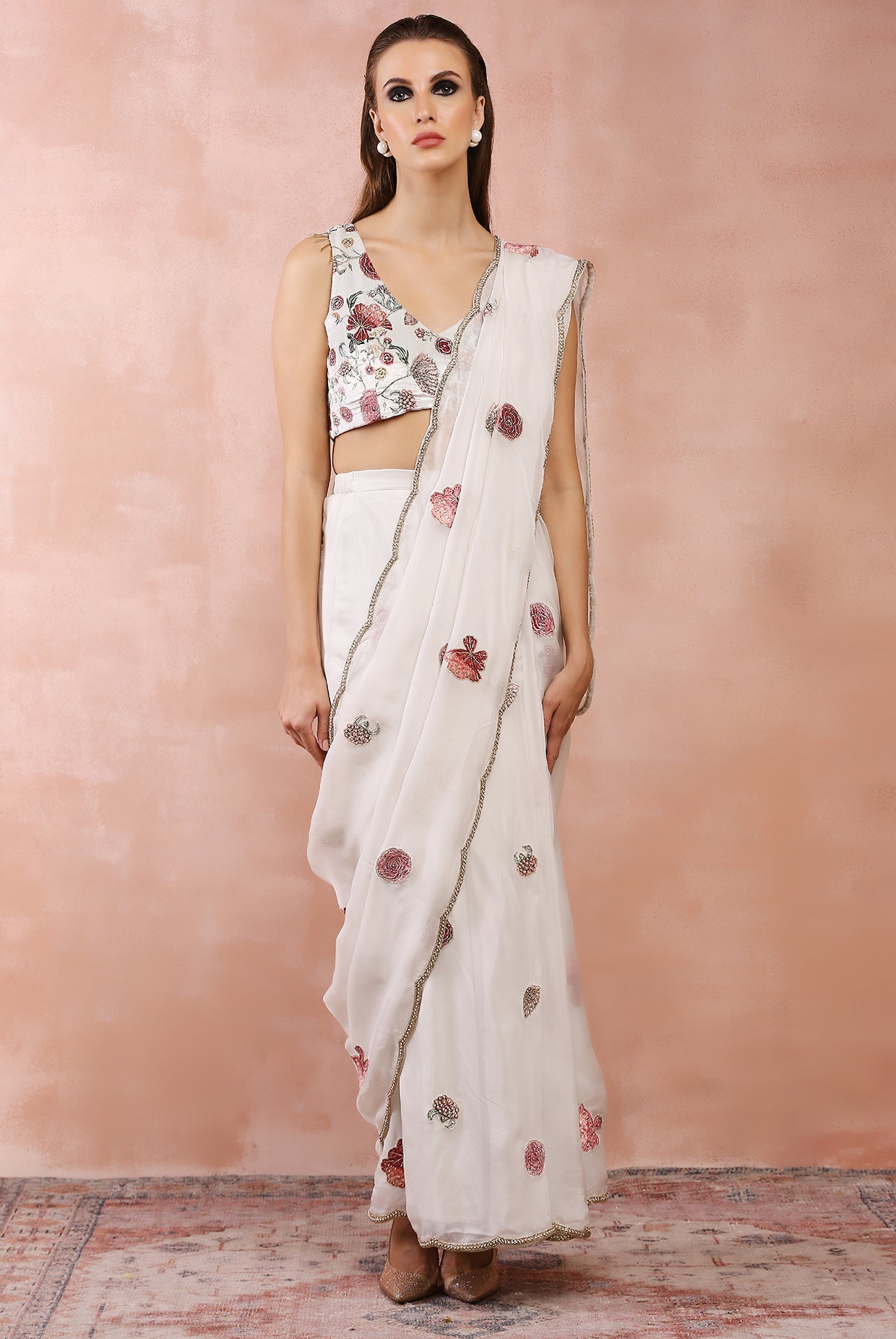 OFF WHITE GULBAGH EMBROIDERED CHOLI WITH PRE-STITCHED SAREE
