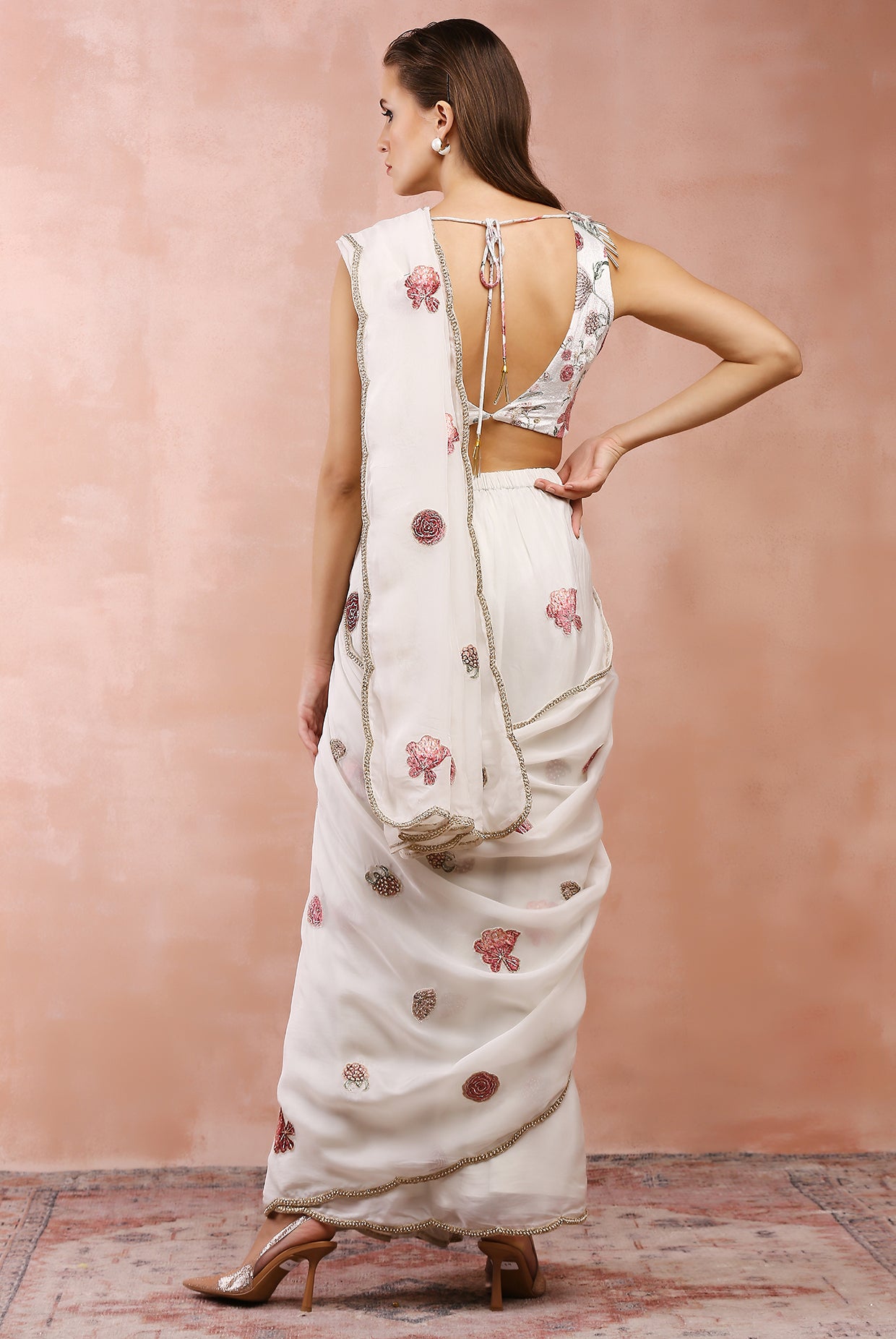 OFF WHITE GULBAGH EMBROIDERED CHOLI WITH PRE-STITCHED SAREE