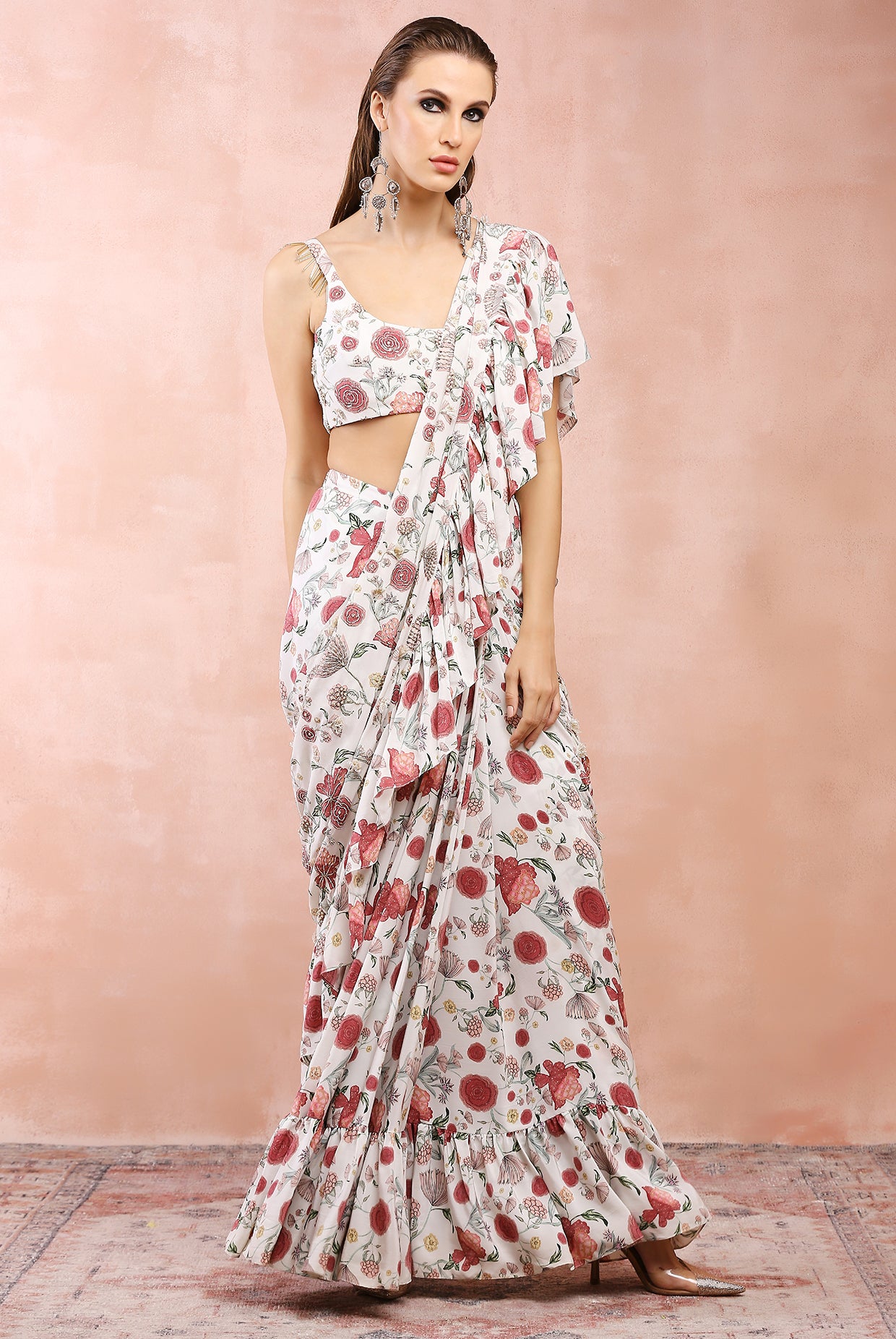 OFF WHITE GULBAGH PRINT EMBROIDERED CHOLI WITH PRE-STITCHED FRILL SAREE