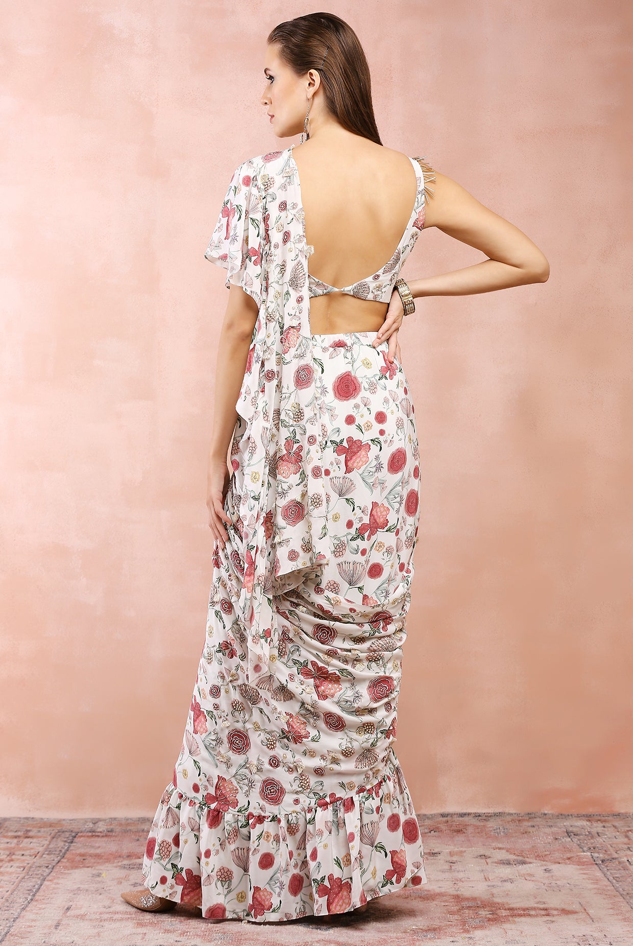 OFF WHITE GULBAGH PRINT EMBROIDERED CHOLI WITH PRE-STITCHED FRILL SAREE