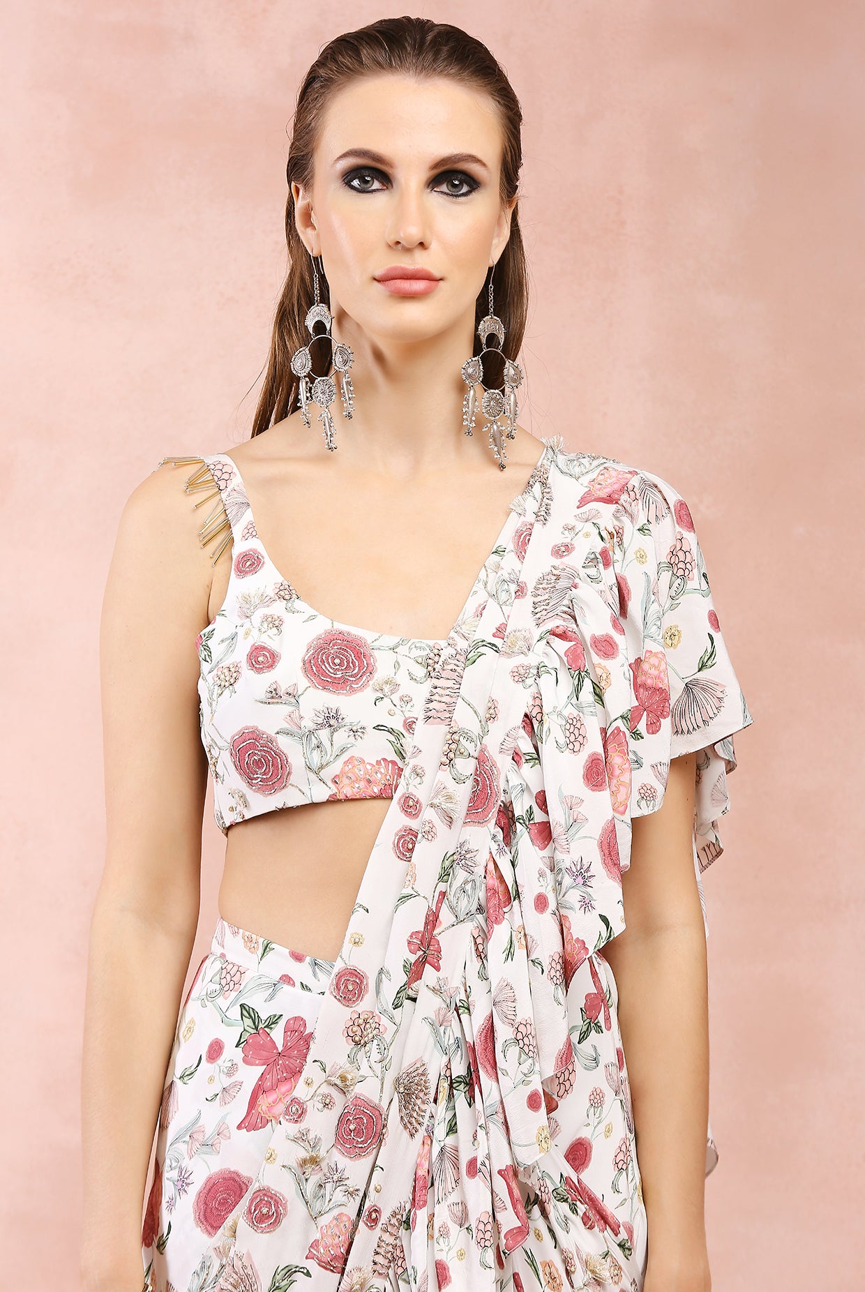 OFF WHITE GULBAGH PRINT EMBROIDERED CHOLI WITH PRE-STITCHED FRILL SAREE