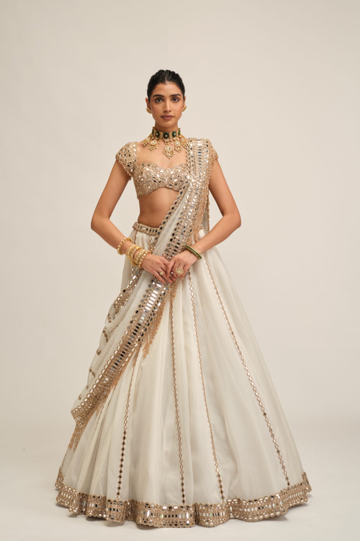 Off White Linear Lehenga Set