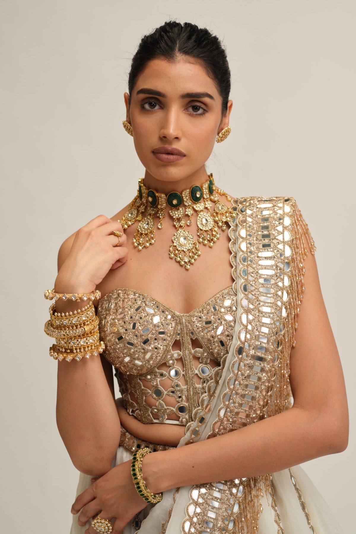 Off White Linear Lehenga With Corset Set